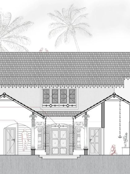 This elevation drawing shows the main entrance of the Jattihundi house, framed by traditional stone pillars. Our designs focus on creating welcoming entryways that blend seamlessly with the overall vernacular architectural style.