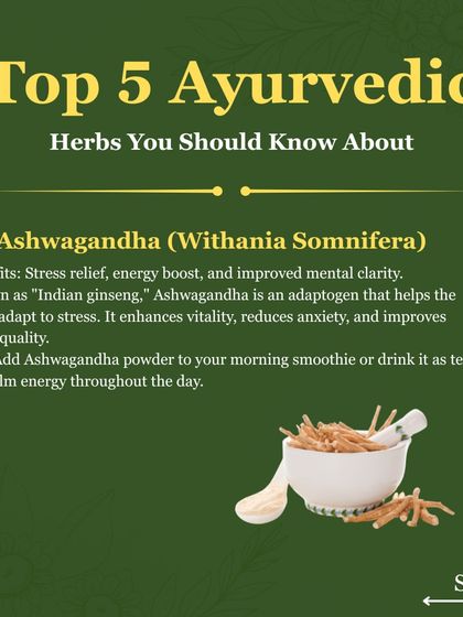 This graphic introduces Ashwagandha, an adaptogen that helps the body manage stress. It enhances vitality, reduces anxiety, and improves sleep quality.