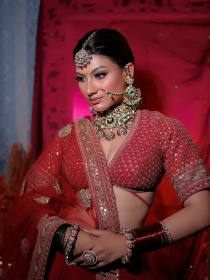 A beautiful three-quarter shot focusing on the bride's posture and the rich texture of her red bridal outfit.