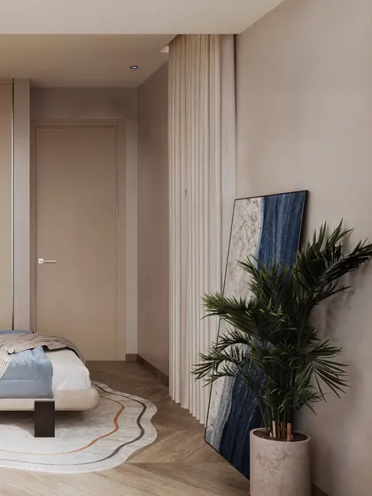 A guest bedroom render with a focus on soft, organic forms. The wavy, backlit mirror and the curved headboard, creating a gentle and calming space.