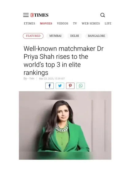 The Times of India, Etimes, and Times Ascent have chronicled my journey extensively, from receiving the Inspiring Entrepreneur Award to being ranked among the world's top 3 elite matchmakers. These articles detail my philosophy of creating 'organic connections' and building a heritage institution for arranged love marriages.