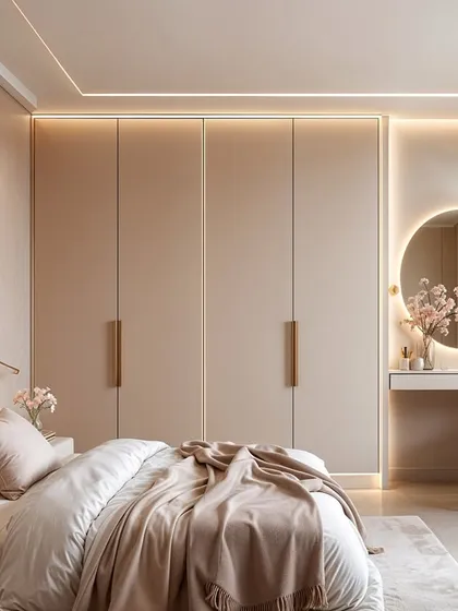 A beautifully balanced bedroom with a cozy upholstered headboard and an integrated vanity nook with a backlit round mirror.