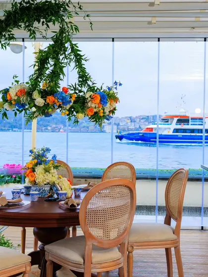 A view from the dining table out to the Bosphorus. We design our layouts to maximize the beauty of the destination, ensuring the view is always part of the decor.