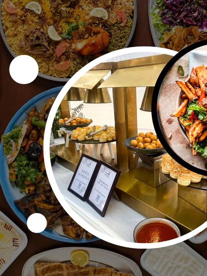 A collage of various dishes I offer, from large biryani platters and grilled fish to loaded fries, showcasing the diversity of my culinary capabilities.