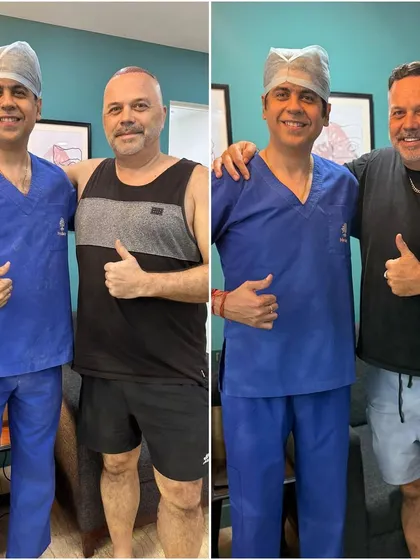 Results should last a lifetime. Here is a happy client who flew in from New Zealand, pictured with me two years after his hair transplant. His hair is still looking great, demonstrating the permanence and natural quality of a well-performed procedure.