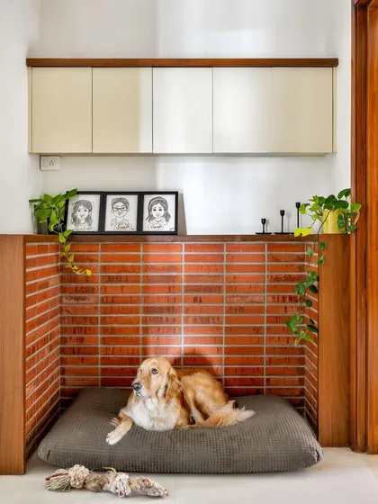 Max, the heart of 'Vasudhalayah', has his own special nook. We crafted this cozy, brick-lined space for him to lounge in, complete with overhead storage.