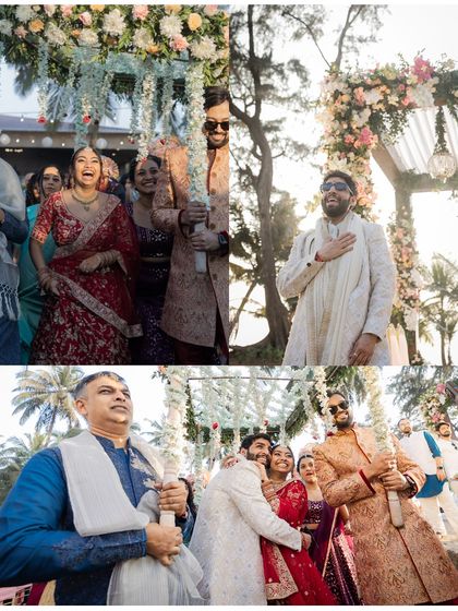 A collage capturing the loud, happy, and emotional moments of a wedding ceremony, filled with laughter and hugs.
