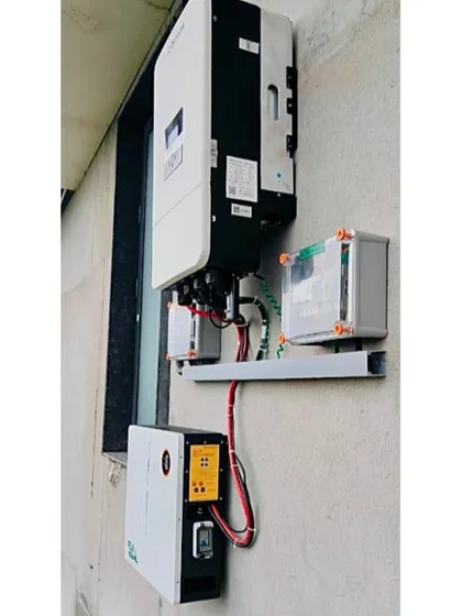 The brain of the Ramnagar hybrid system. This compact unit houses our 10kW single-phase hybrid inverter, neatly installed to manage power from the solar panels, battery, and grid efficiently.
