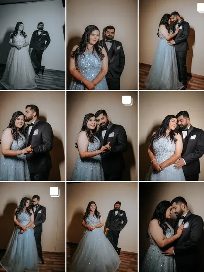 A collage of love and laughter from an engagement photoshoot. This series shows the couple's journey through different poses, from formal portraits to candid, loving embraces.