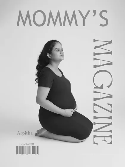 A creative "Mommy's Magazine" cover concept. This fun, personalized black and white portrait is a unique way to celebrate the mother-to-be as the star of her own story.