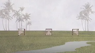 An abstracted, minimalist elevation of the "Pavilions in the Fields." This drawing reduces the project to its essential elements: three porous pavilions sitting on the horizon line between the earth and the sky.