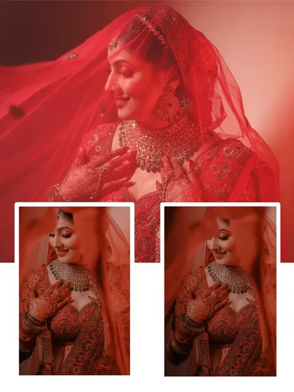 A collage focusing on the bride's gentle expressions, with her red veil flowing around her. The soft lighting and multiple angles create a dreamy and romantic bridal portrait.