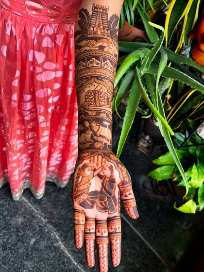 A side view of the Royal Extravaganza design, highlighting the Tirupati temple motif and the Telugu wedding ritual of Jeelakarra-Bellam on the palm.