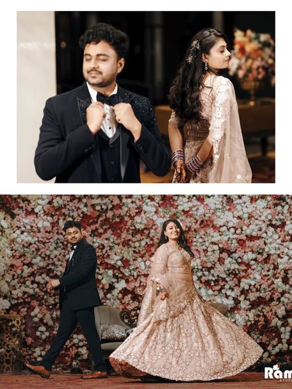 A fun collage showing the groom adjusting his bowtie and the couple posing playfully in front of a floral backdrop at their engagement.