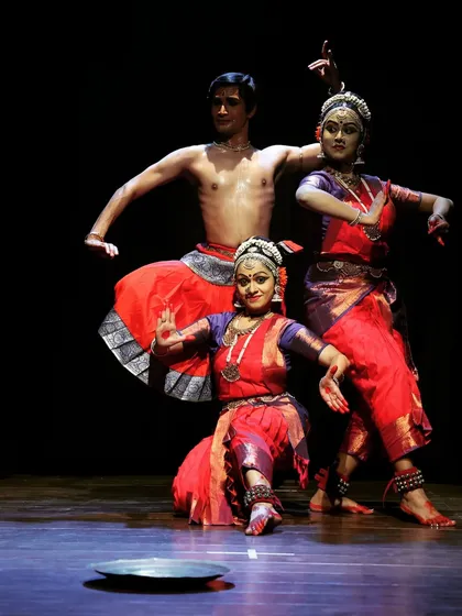 A group pose from my work "Abhinaya Vibhava", featuring the signature Kuchipudi brass plate. This highlights how we incorporate traditional elements into our ensemble performances.