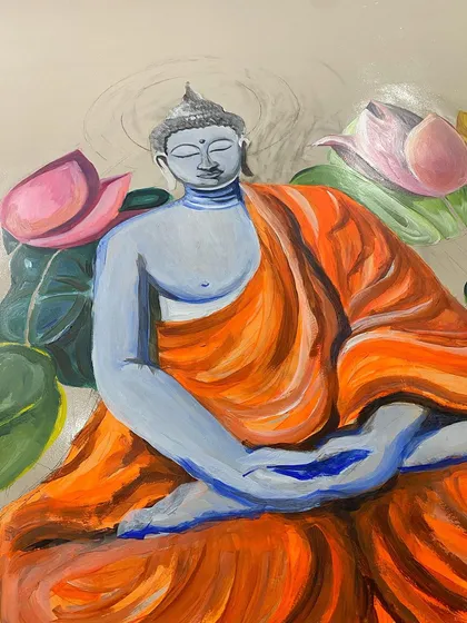 This in-progress shot of the Buddha mural shows the color blocking stage. I build up the artwork with layers of rich, durable acrylic paint to ensure the final piece is vibrant and long-lasting.