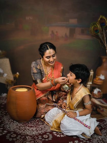 A tender moment of Yashoda feeding her little Krishna. I pay close attention to details, like the matka of butter, to make the scene feel authentic and heartfelt.