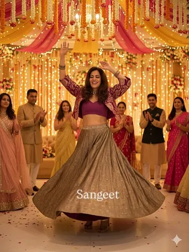 This is what I design for: pure joy and movement. Our lightweight brocade lehenga skirt and jacket let you celebrate without feeling weighed down, perfect for dancing all night at a sangeet.