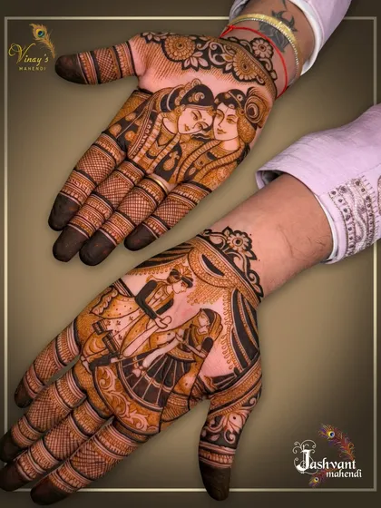 Mehndi is for grooms too! We create custom designs that complement the bride's art, like these featuring a Radha Krishna portrait on one hand and a dynamic varmala scene on the other, celebrating your union in style.
