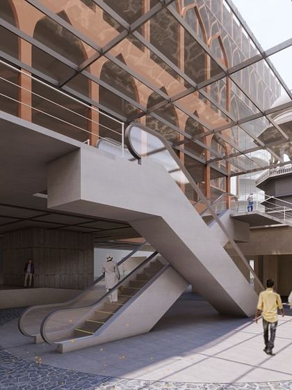 An interior render of the proposed Russell Market expansion, showing how modern escalators and a glass roof can bring new light and circulation into the historic space.