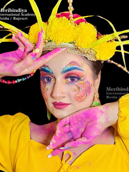 A full view of the creative Holi makeup, showing how to use bright pigments and abstract designs to create a memorable look.