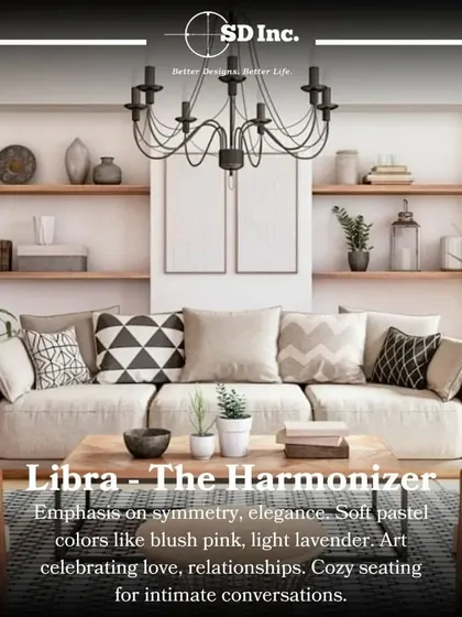 Zodiac interiors for Libra, the harmonizer. A style focused on symmetry and elegance, with soft pastel colors and cozy seating for intimate conversations.
