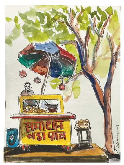 A watercolor sketch of my neighborhood's 40-year-old Wada Pav stall. This spot is so close to my heart, and this illustration is a tribute to the simple joys and delicious street food that define everyday life in Mumbai.
