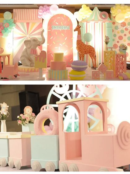 A collage of our pastel candyland party, featuring a life-sized elephant and giraffe, a pink train, and a sprinkle-themed backdrop.
