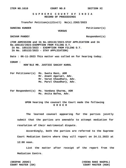 A Supreme Court of India order referring a matrimonial dispute to the mediation centre. We handle cases at all levels of the judiciary, including the highest court in the country.