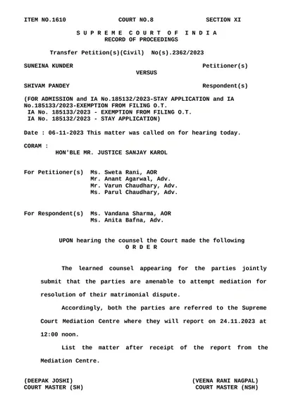 A Supreme Court of India order referring a matrimonial dispute to the mediation centre. We handle cases at all levels of the judiciary, including the highest court in the country.