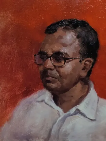 A finished oil portrait against a vibrant red background. The choice of background colour is something we can discuss to make your commissioned piece unique.