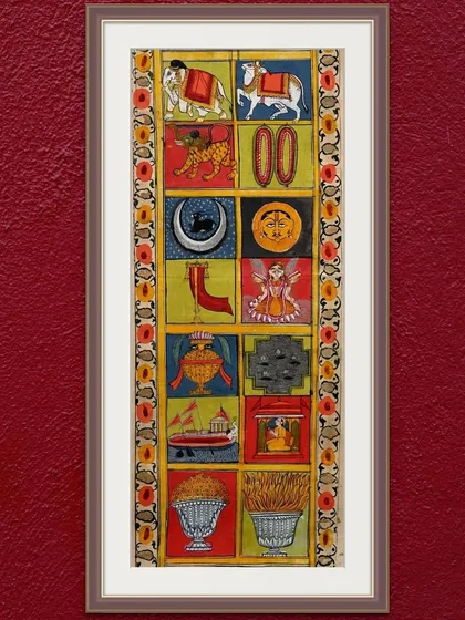 Another portion of the hand-painted Jain scroll, showing sixteen auspicious symbols including the sun, moon, and a pair of fish. This museum-quality piece was created with natural dyes on paper pasted on loin cloth.