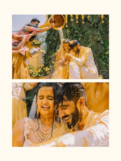 A collage of pure, unadulterated fun from a Haldi ceremony. The images of the couple being drenched in turmeric water capture the high energy and celebratory spirit.