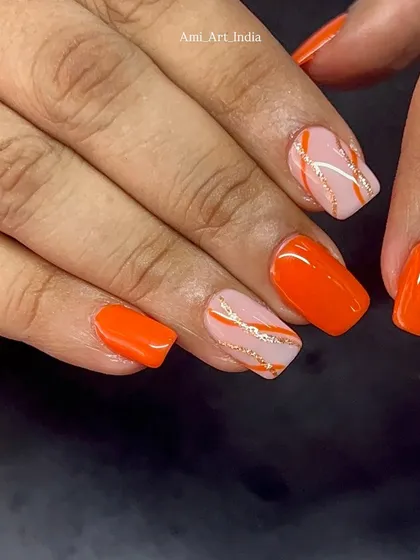 A vibrant orange set with abstract glittery lines for a touch of sparkle.