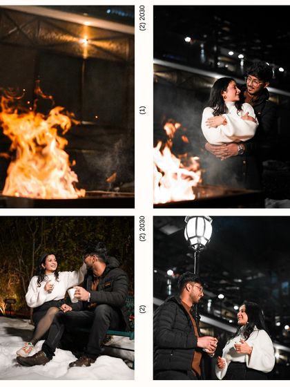 A collage capturing the warmth of a bonfire and the magic of a snowy night for a romantic couple shoot.