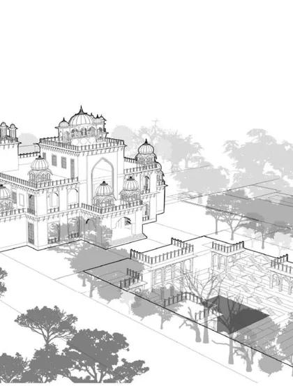 An axonometric drawing of the Dhun Imagination Center concept, showing the relationship between the historic haveli, the new stepwell, and the surrounding landscape.