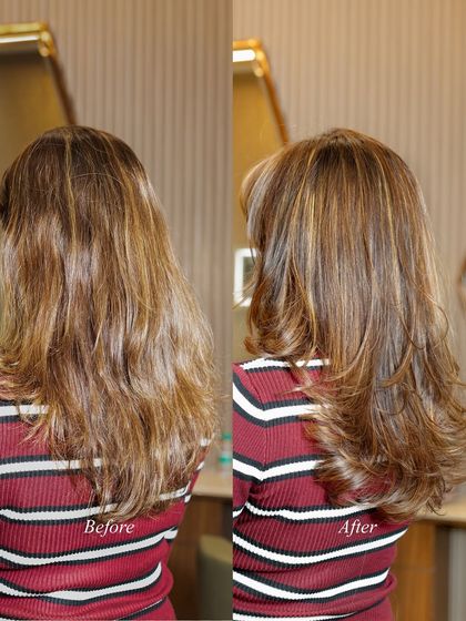 A side-by-side look at the power of a professional hair spa and styling session. We revived this client's hair, adding shine, health, and beautiful shape.