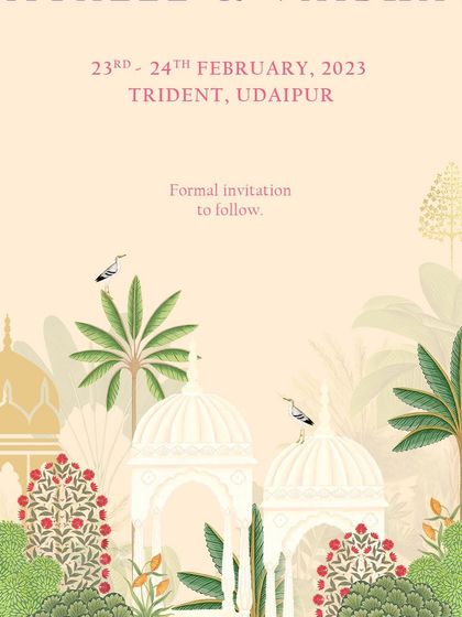A close-up of the Udaipur-themed Save the Date, showing the detailed illustration of the lakeside palaces and floating pavilions. This level of artistry is what makes a custom invitation so special.