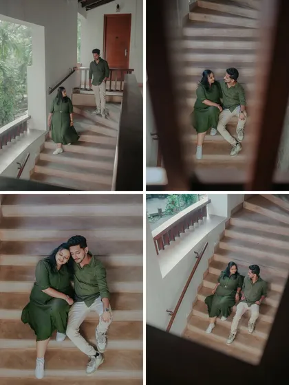 A collection of moments on a spiral staircase. This collage shows the couple's playful and romantic interactions from different angles, telling a story within the space.