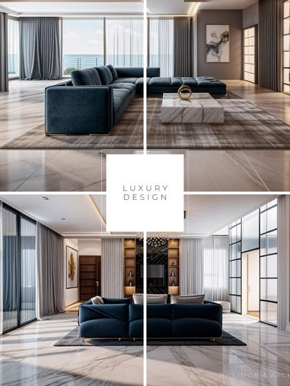 This collage showcases different angles of a luxury living room project, highlighting the use of a blue sectional, marble floors, and large windows to create a cohesive and sophisticated design.