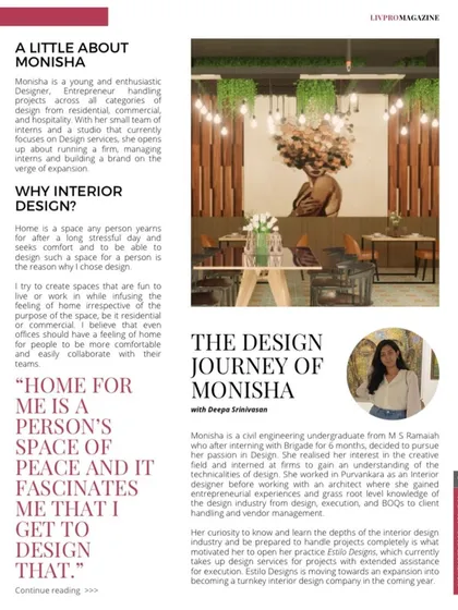 Another page from my feature in Livpro Magazine, detailing my design journey and professional background.