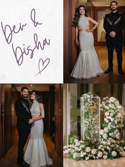 A collage of a couple's reception look and decor. The elegant white floral arrangements and personalized touches created a sophisticated and romantic atmosphere.