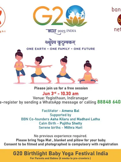 Another invitation to our free G20 Birthlight Baby Yoga Festival. We list our wonderful facilitators and supporters for the event, showing the community effort behind these sessions.