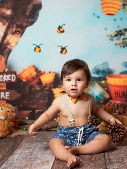A full view of the Hundred Acre Wood setup, complete with honey pots and friendly characters. It's a theme that brings a beloved story to life.