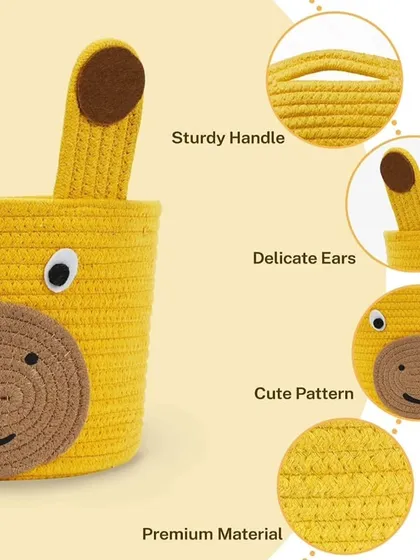 This image details the quality features of my animal baskets, including the sturdy handle, premium material, and cute, securely attached patterns.