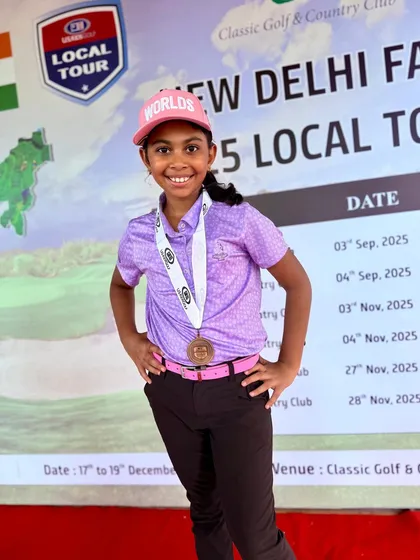 Aahana Shrivastava proudly poses with her medal after securing the 2nd Runner-Up position at the US Kids Golf India Fall Tour.