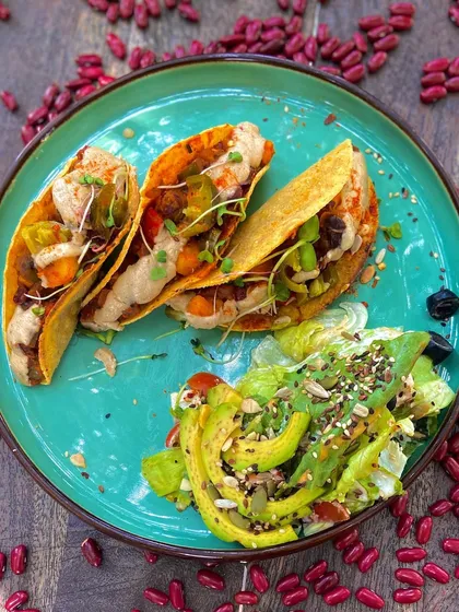 Our special tacos are a burst of flavour from Mexico. They are loaded with the richness of refried beans, topped with our exclusive in-house cashew cheese, and served with a side of garden-fresh salad for a healthy twist.