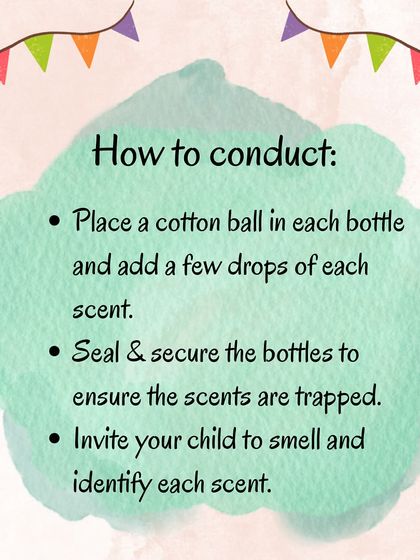 These graphics detail the benefits, materials, and instructions for the smell bottle activity, which sharpens the olfactory sense and cognitive skills.