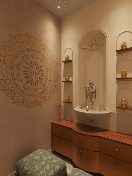 A view showing the warm, ambient lighting that creates a peaceful glow within the space, perfect for quiet reflection.