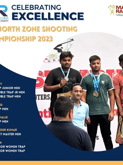 The podium for the Trap Men event at the North Zone Shooting Championship, with our shooters Tanishq and Sumit Malik winning Gold and Bronze respectively.